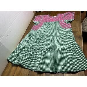 Sister Mary Green Gingham Embroidered Boho Tiered Tunic Dress XL